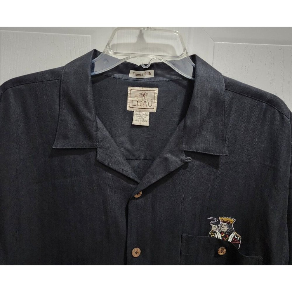 LUAU MENS LARGE 100% FINEST SILK BLACK SHIRT BLACKJACK GAMBLER SMOKING KING - Picture 3 of 11